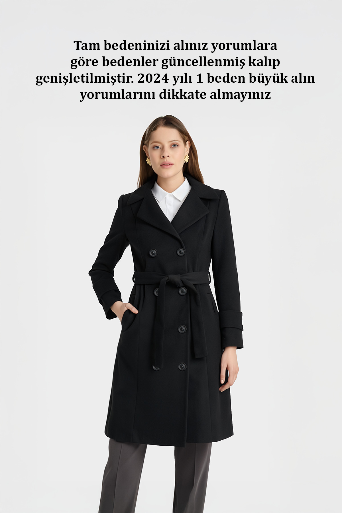 Soydan Güner  Kadın Kruvaze Kuşaklı Kulplu Kesim Kaban Siyah 6610 - Görsel 3