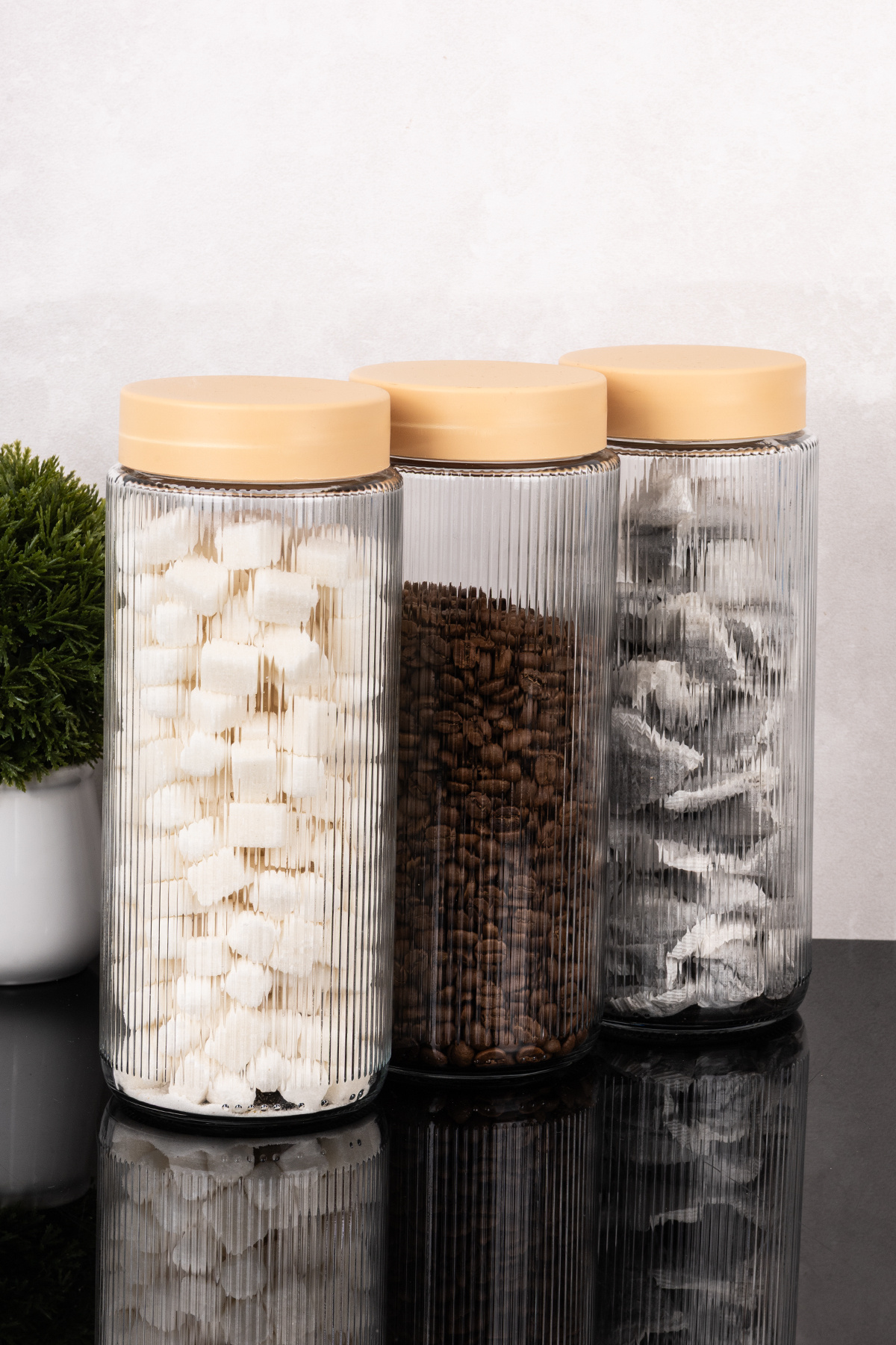 3 Pieces Jumbo Size Glass Meal Jar Set Striped Jar Pulses Storage Container 1500 ml