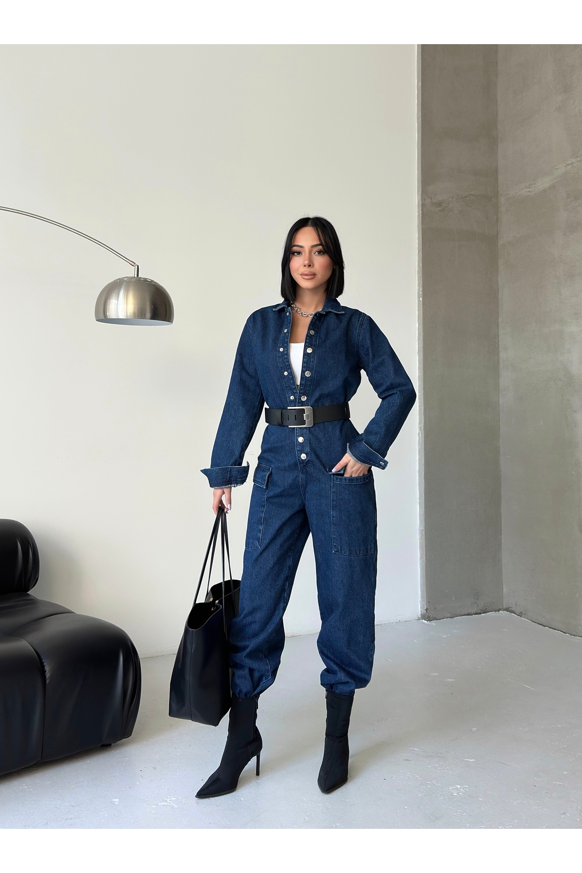 Kadın Lacivert Denim Tulum Regular Kesim Uzun Kollu