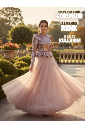 MODA PEMBE PUL PAYET TÜL ETEK TESETTÜR ABİYE ELBİSE