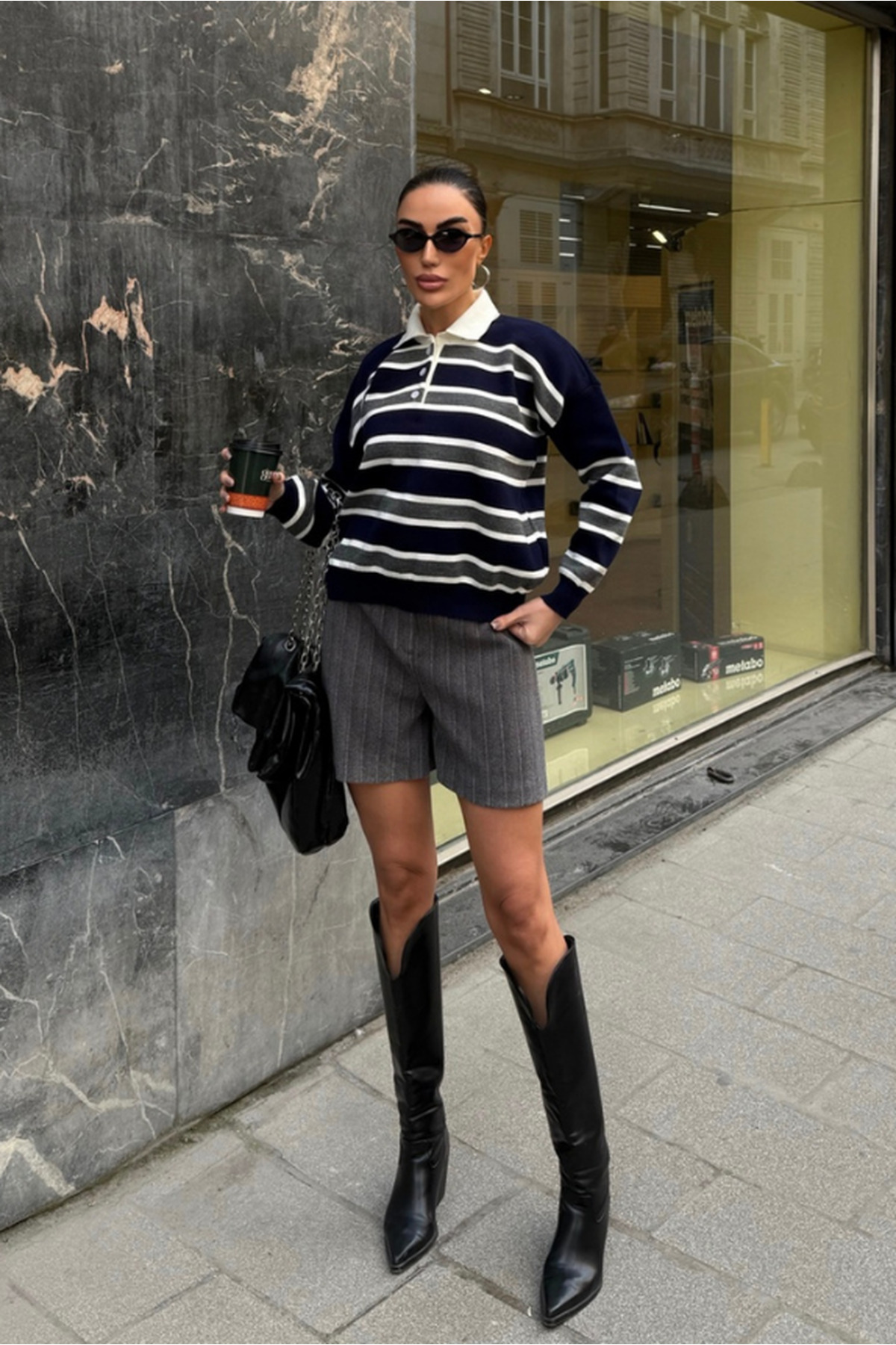 Fav Style  Kadın Polo Yaka Çizgili Oversize Triko Kazak Lacivert - Görsel 3