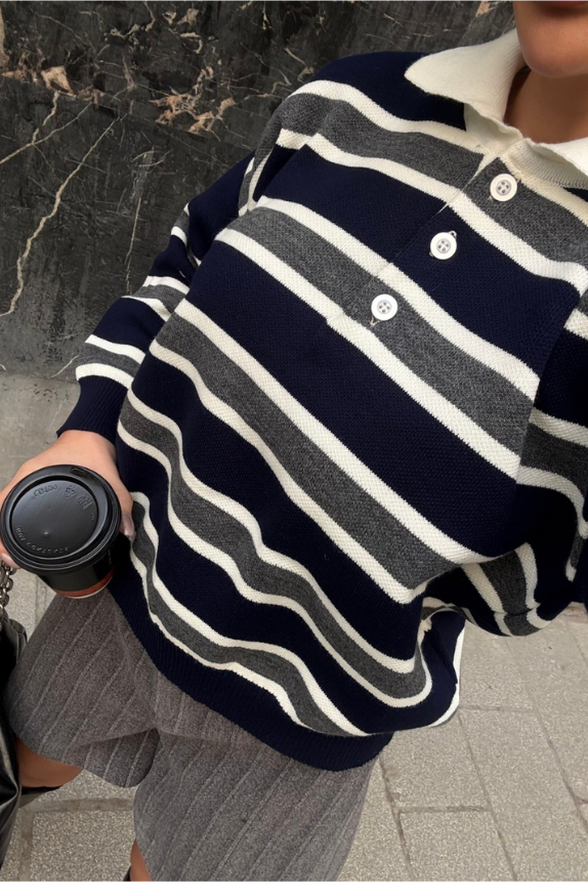 Fav Style  Kadın Polo Yaka Çizgili Oversize Triko Kazak Lacivert - Görsel 8