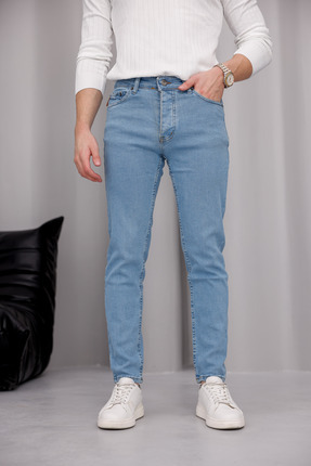 MODAMESTO Erkek Açık Mavi Slim Fit Likralı Dar Paça Kot Pantolon