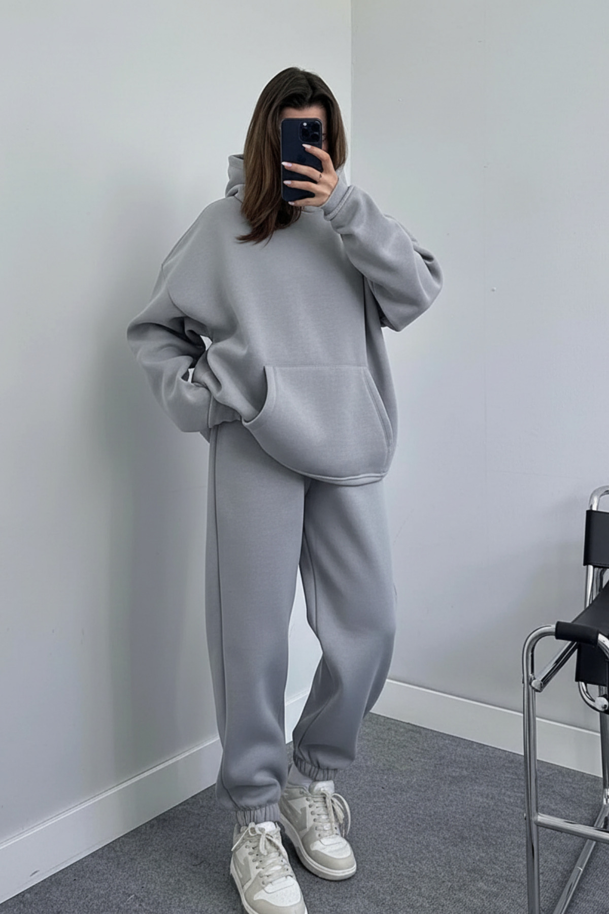 Women's Oversize Trendy Kangaroo Pocket Hooded Sweatshirt Tracksuit