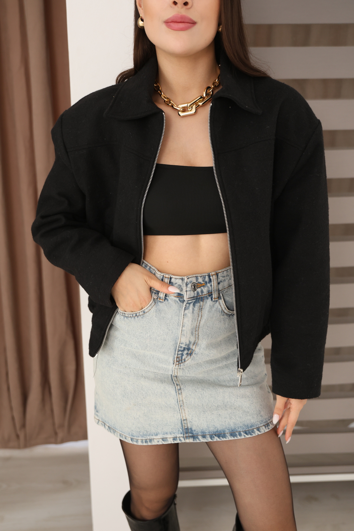 Etos  Kadın Ceket Trend Kaşe Bomber astarli siyah - Görsel 2