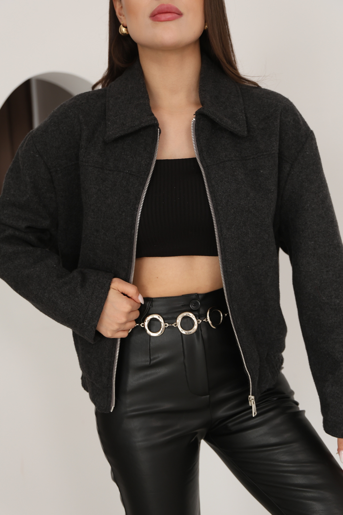 Etos  Kadın Ceket Trend Kaşe Bomber antrasit astarli