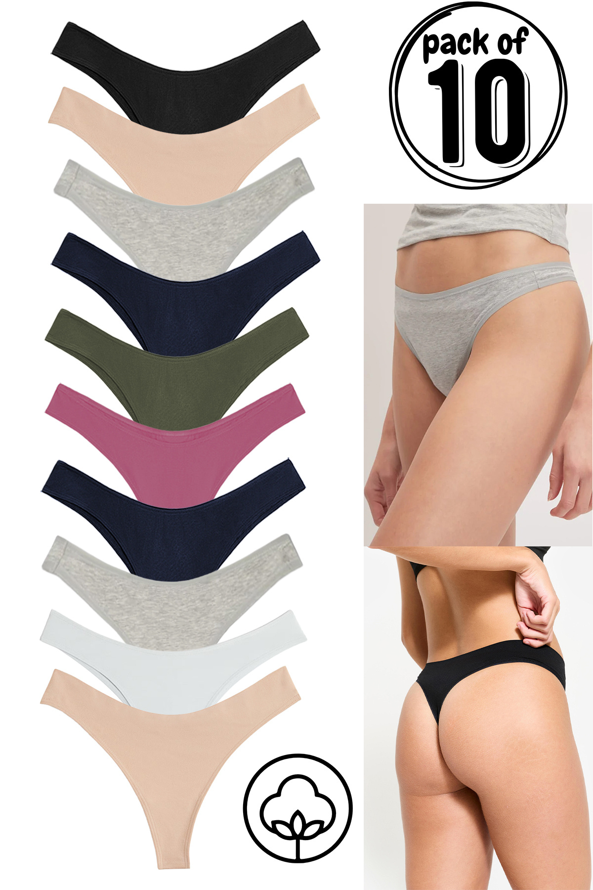 Yohannes Club Жіночі бавовняні трусики-танга, набір з 10 штук, набір різних кольорів, економічний набір