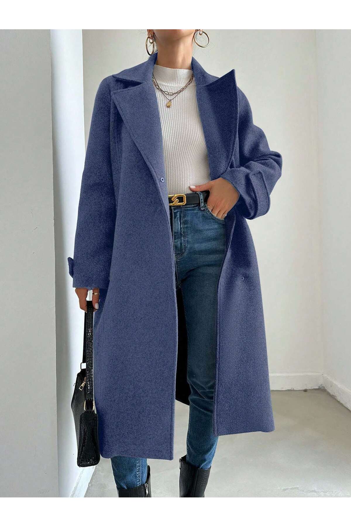 Female Clothing  Tozlu Mavi Astarlı Cepli Apolet Detaylı Uzun Cırtlı Kaban - Görsel 5