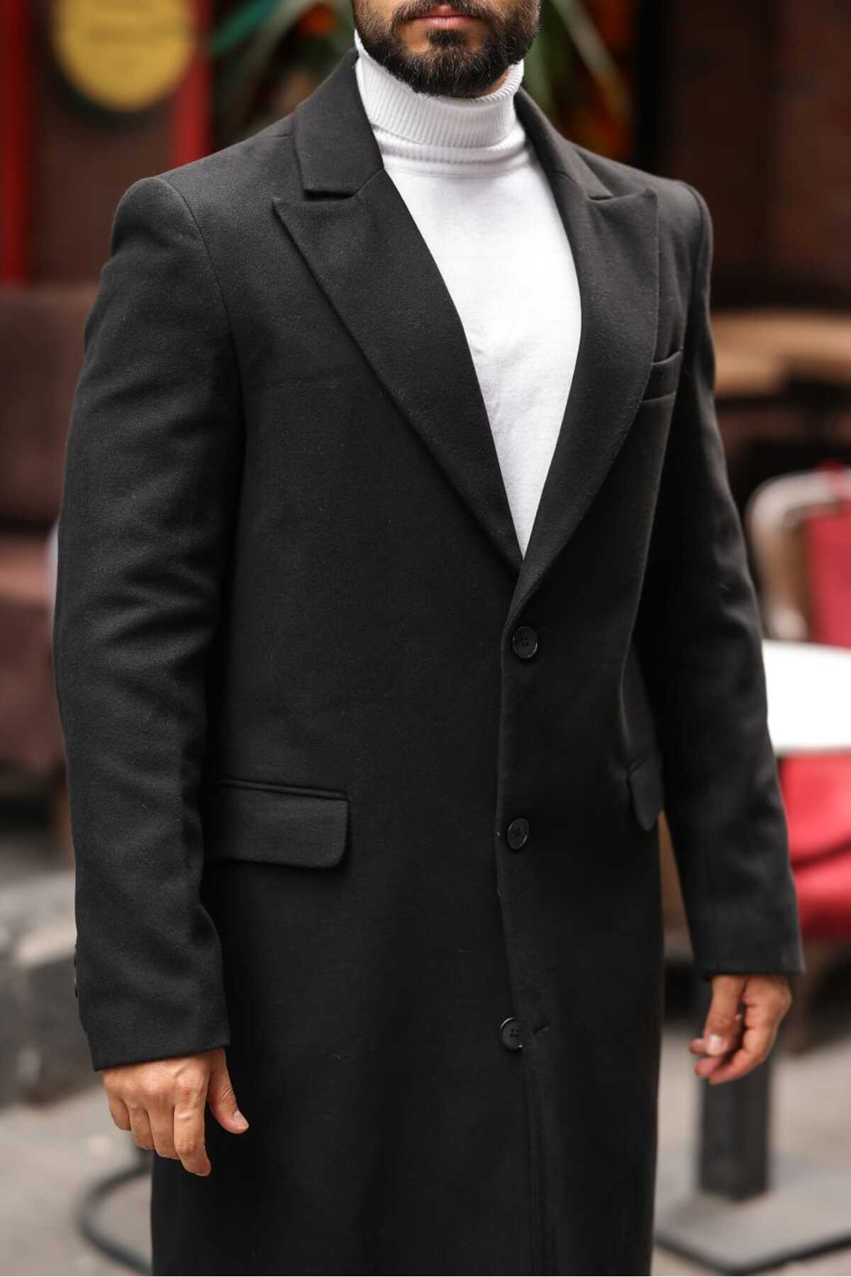 endap collection  Erkek Uzun Siyah Kaşe Kaban - Görsel 4