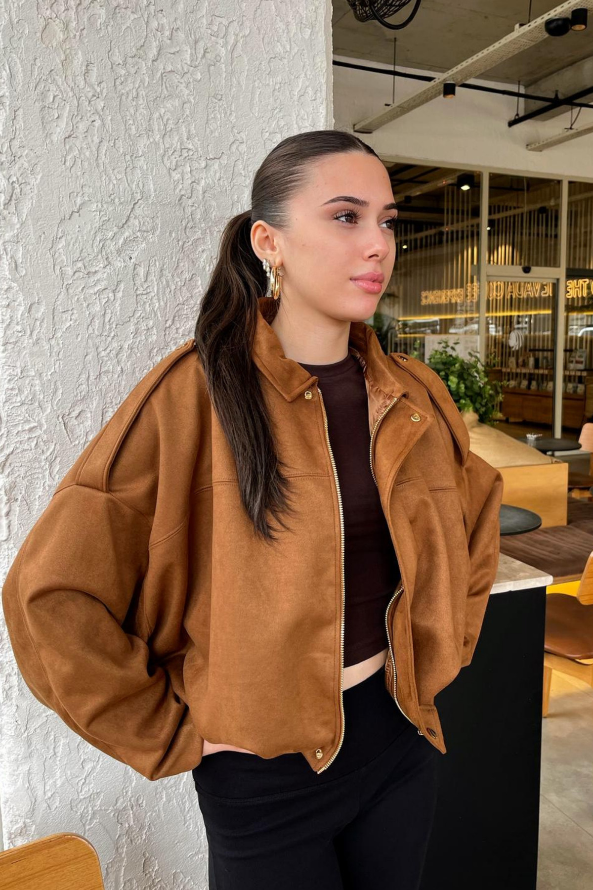 Rich Kadın Taba Oversize Süet Bomber Ceket görsel 3