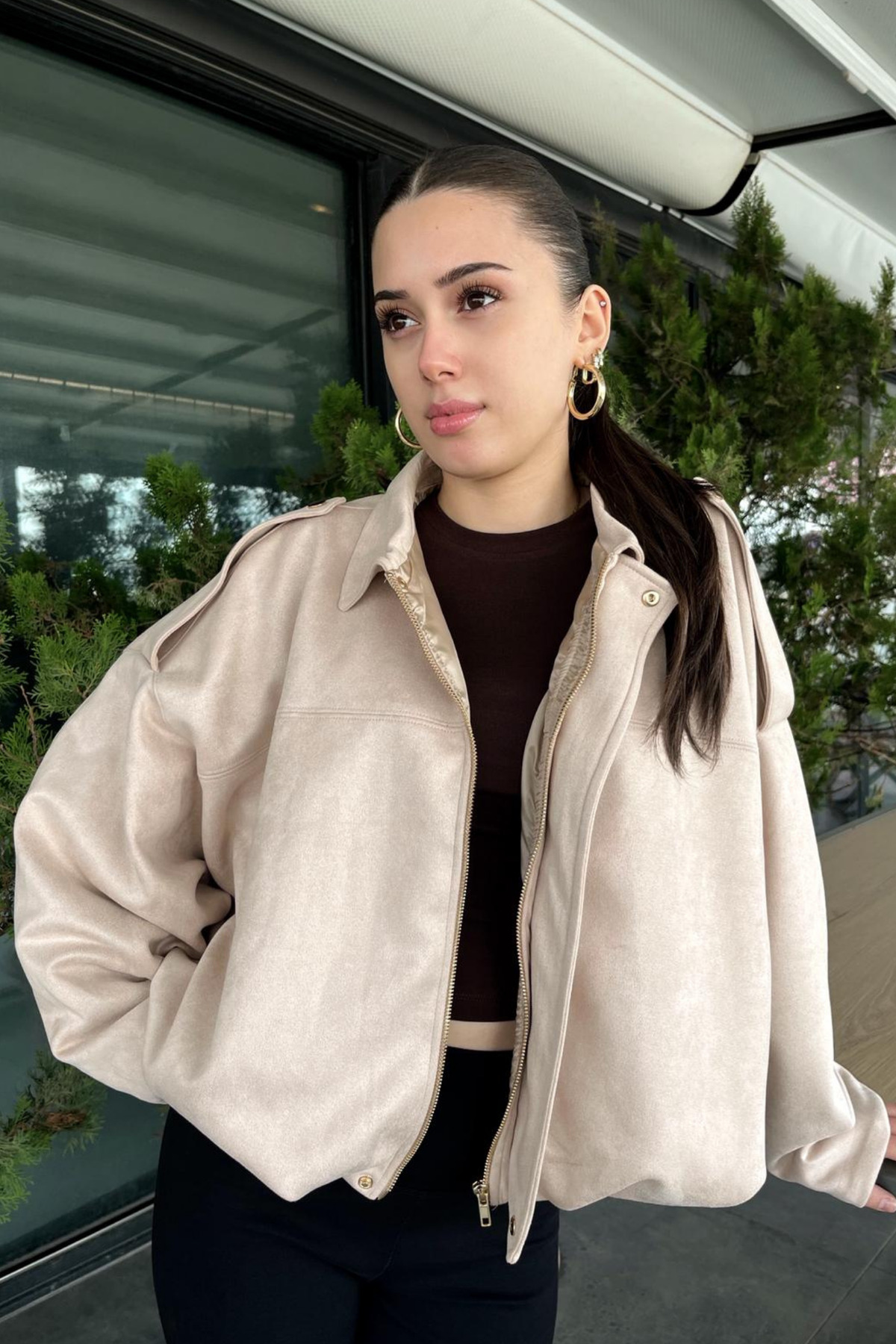 Rich  Kadın Bej Oversize Süet Bomber Ceket - Görsel 2
