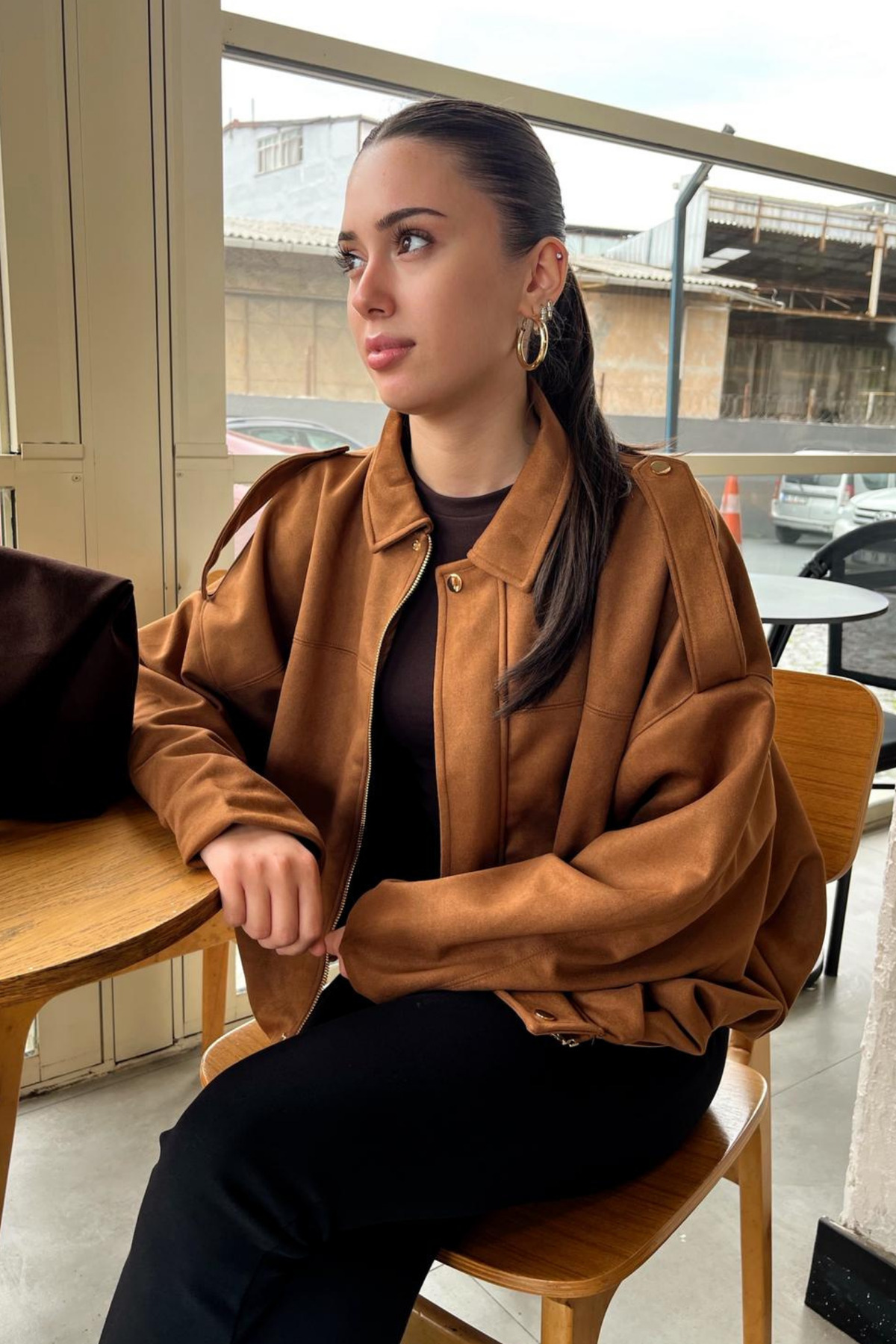 Rich Kadın Taba Oversize Süet Bomber Ceket görsel 7