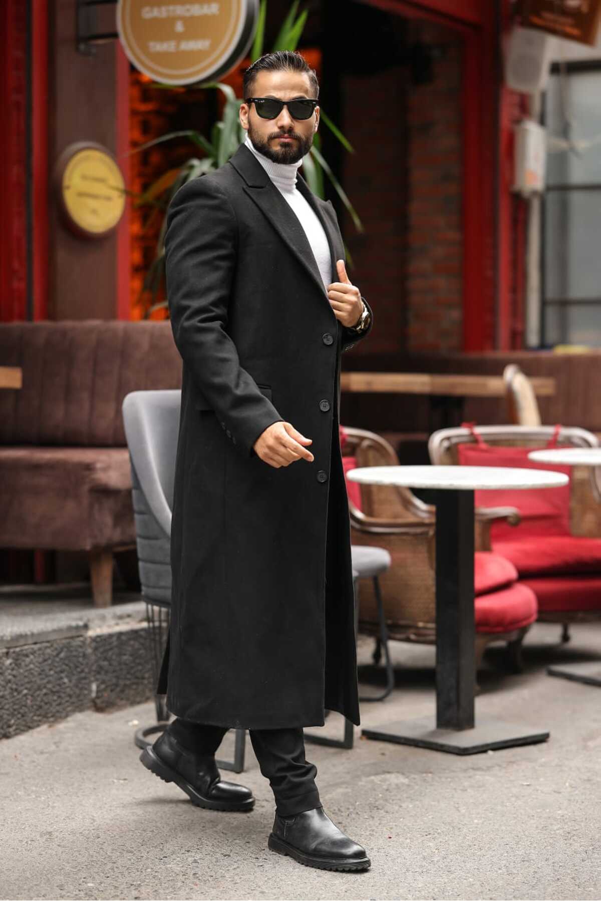 endap collection  Erkek Uzun Siyah Kaşe Kaban - Görsel 3