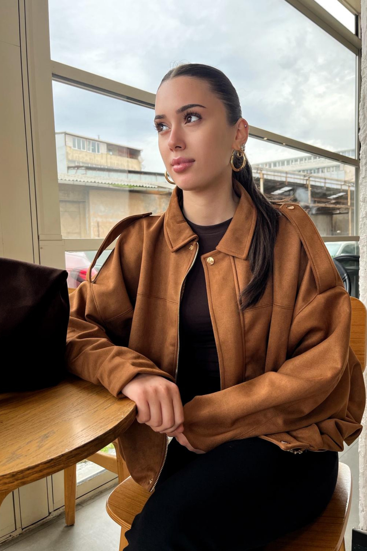 Rich Kadın Taba Oversize Süet Bomber Ceket görsel 6