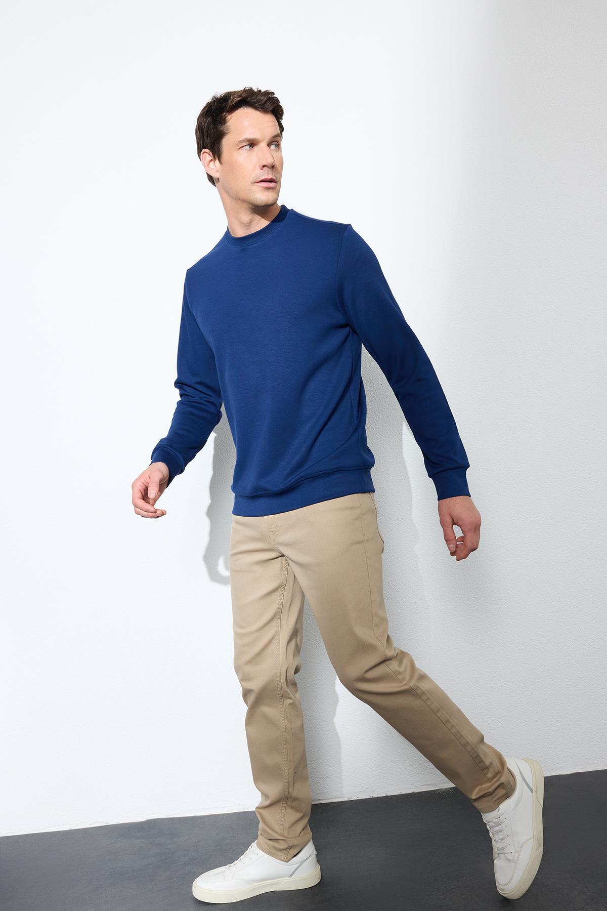 Tudors  Erkek Standart Fit Normal Kesim Uzun Kollu Ekstra Soft Modal Kumaş Bisiklet Yaka Açık Lacivert Sweat - Görsel 5