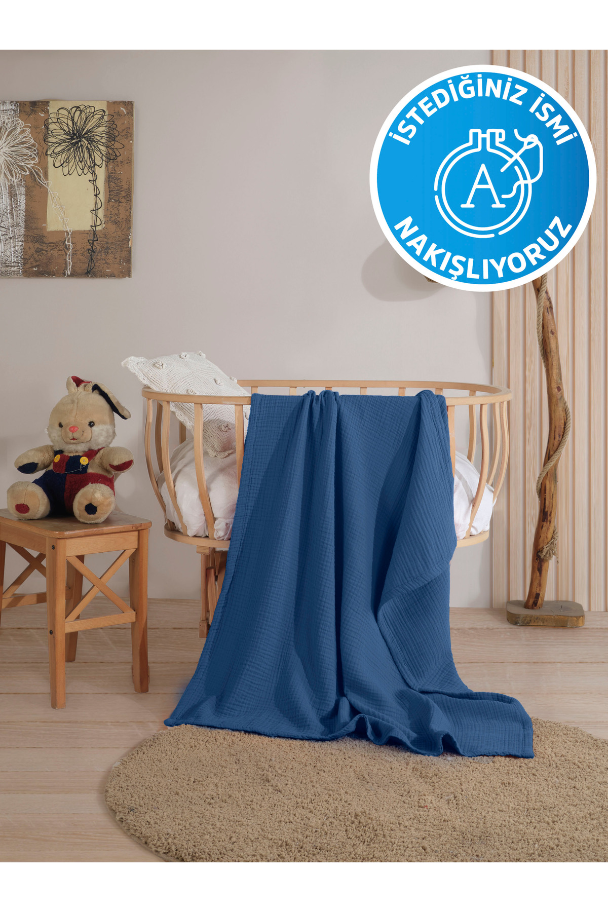 destinyhometex (İstediğiniz ismi yazıyoruz) %100 Pamuk 4 Kat Muslin 100x120 Cm Bebek Yatak/kundak Örtüsü Nakışlı fotoğrafı 4 (önizleme)