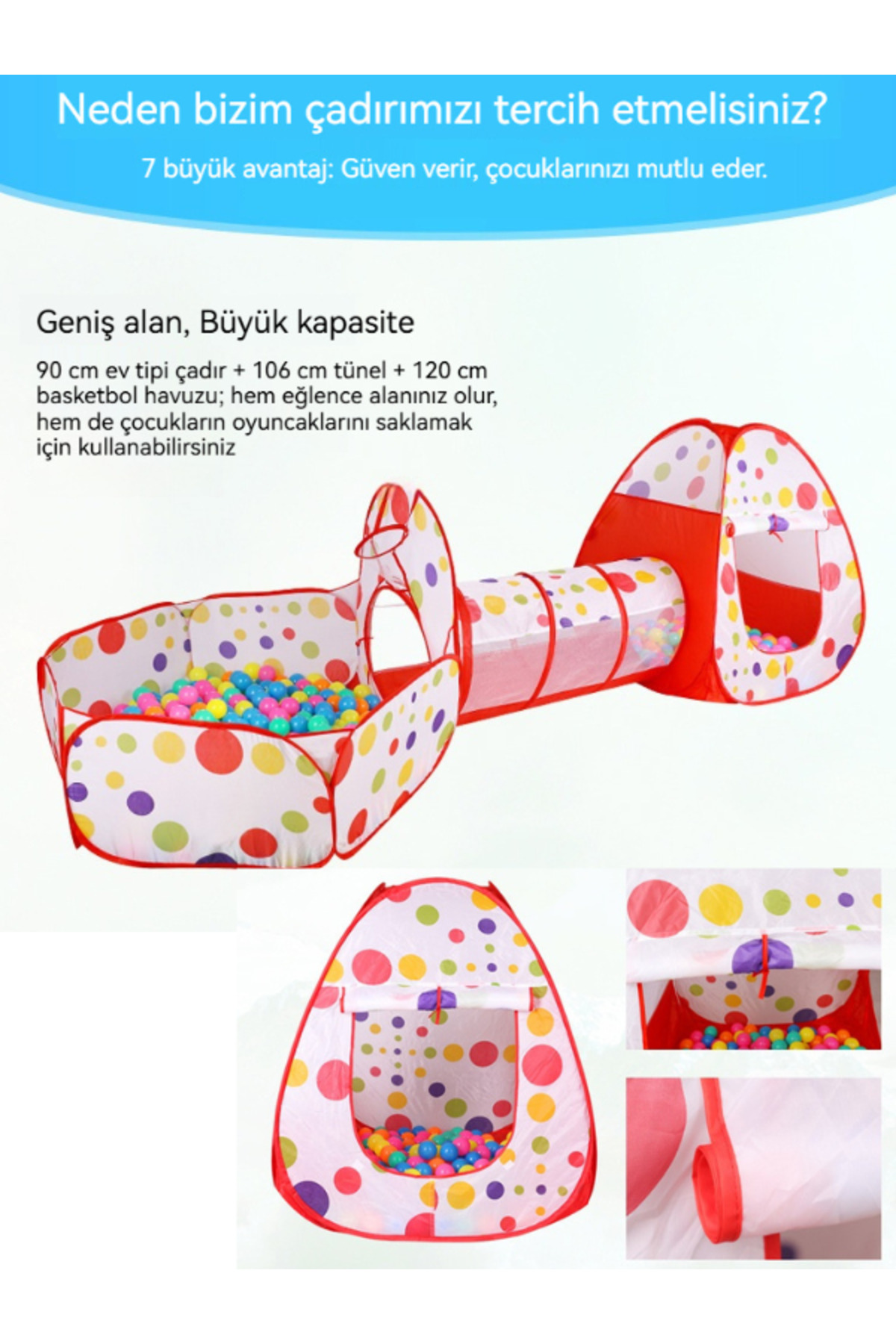 Tcherchi Çocuk Çadırı Kapalı Üç Parçalı Tünel Nokta Oyunu Top Havuz Çiti Oyuncak fotoğrafı 5 (önizleme)