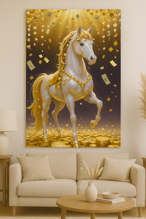 BLT DİZAYN Altın Bereket Atı Cam Tablo – Zenginlik ve Şans Sembolü Çerçevesiz...