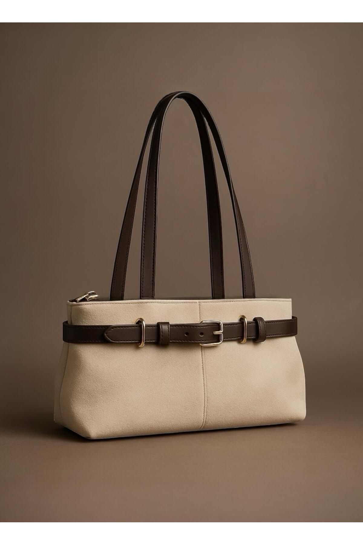 DEMESİ  Kadın Deri Kemer Detaylı Kremrengi Süet Lüx Omuz Çantası