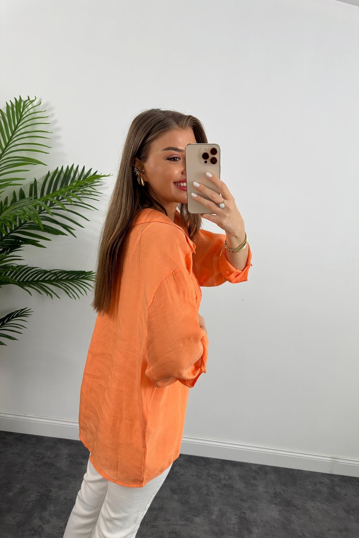 Lady Pixie  Düşük Omuzlu Kumaş Oversize Gömlek - Görsel 3