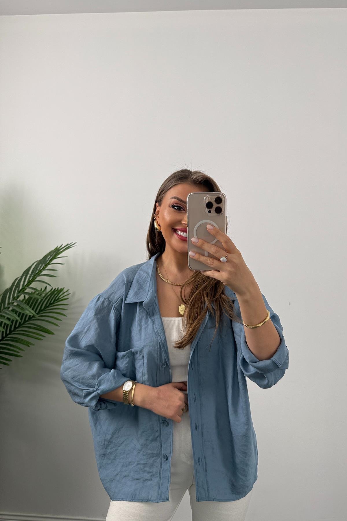 Lady Pixie Düşük Omuzlu Kumaş Oversize Gömlek görsel 2