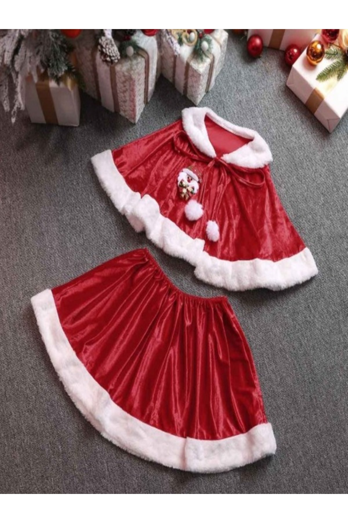 Annee Bakk Kadife Kumaş Noel Anne Pelerin Etek Set, Noel Anne Kostümleri, Yeni Yıl Kostümleri