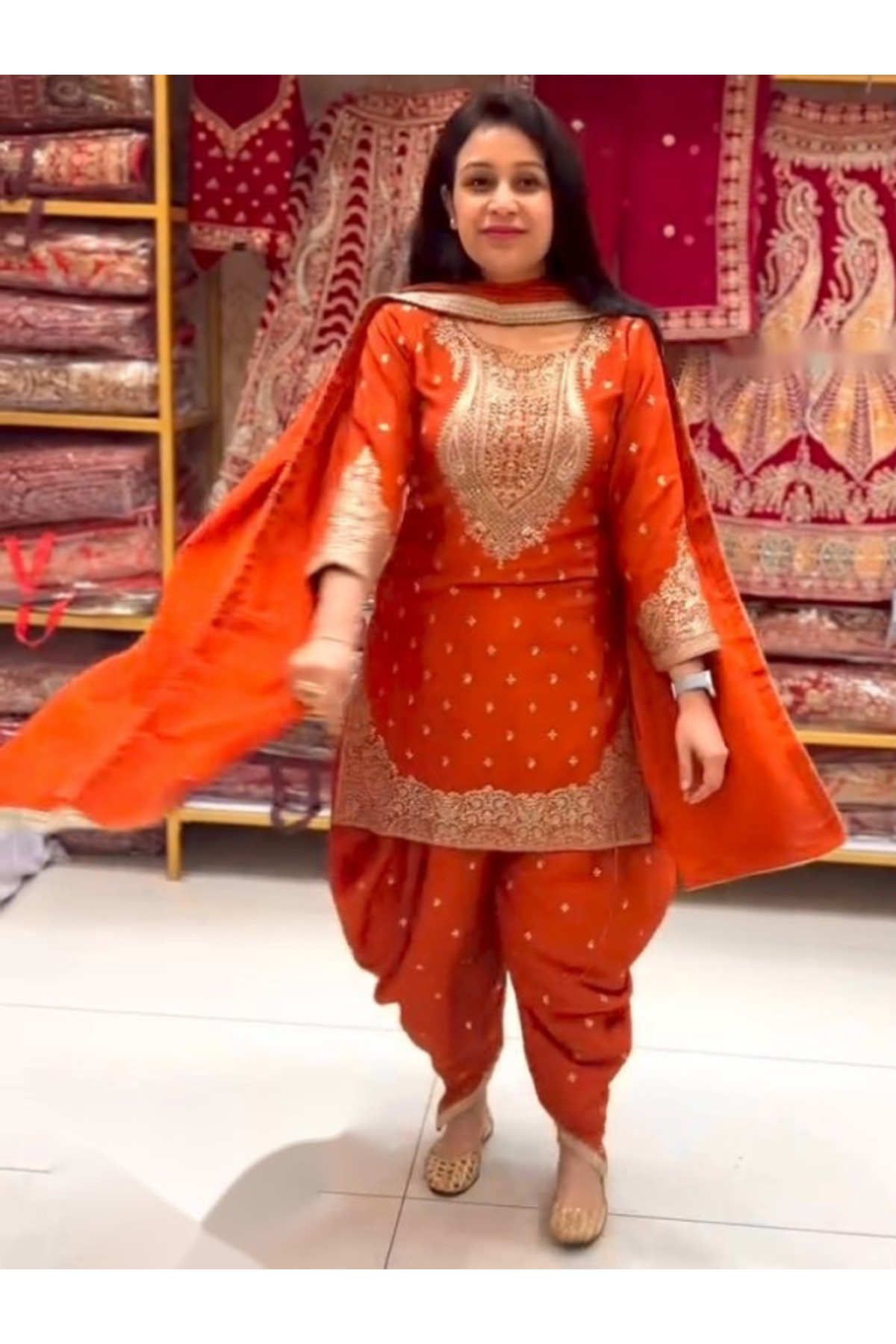 MYSMAR Orange Colored Pure Chinon Silk Dhoti Kameez Dupatta - HRT4693 | Orange-Size:(L-40-Inches)