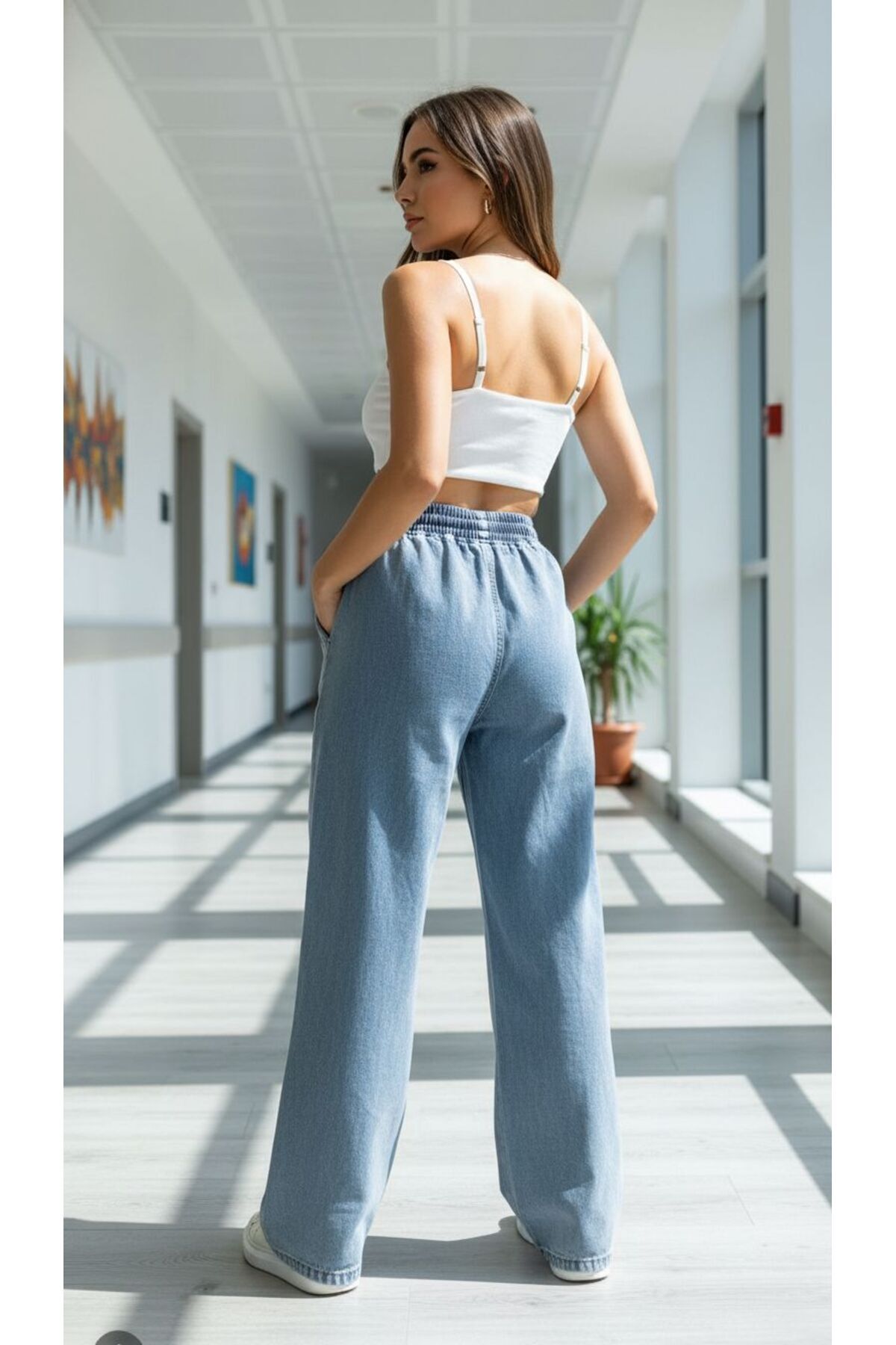 comfort jeans Kadın Sahra Likrasız Bağcıklı Beli Lastikli Mavi Yüksek Bel Geniş Paça Bol Palazzo Jean Pantolon görsel 4
