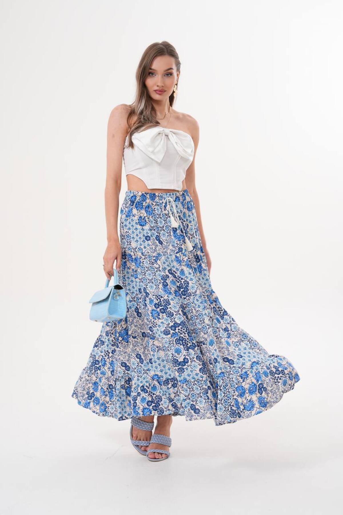 Blue Beige Small Floral Pattern Viscose Loose Fit Skirt