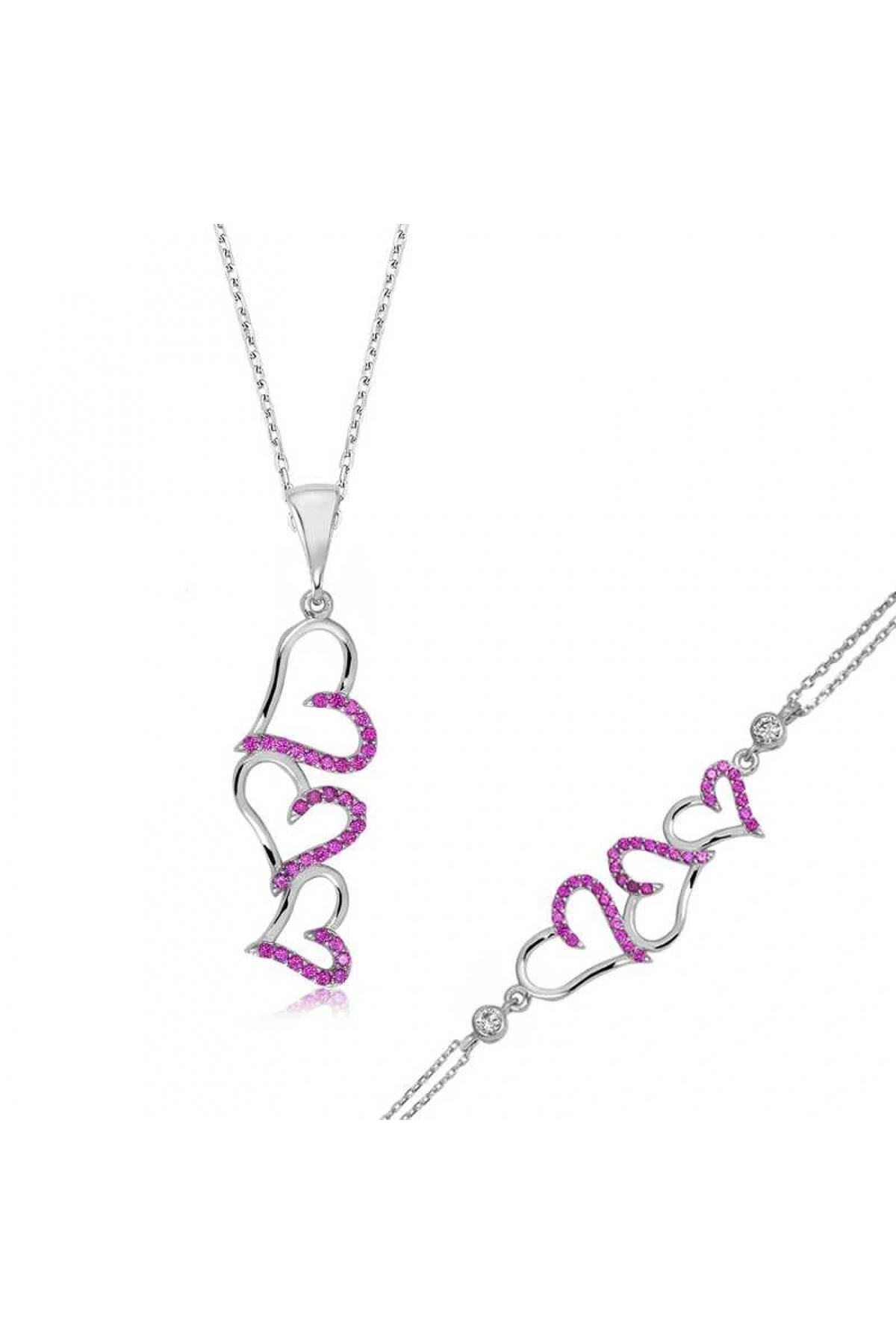 byhodi 925 Ayar Gümüş Pembe Üç Kalpli Set ST1160070 (599599)