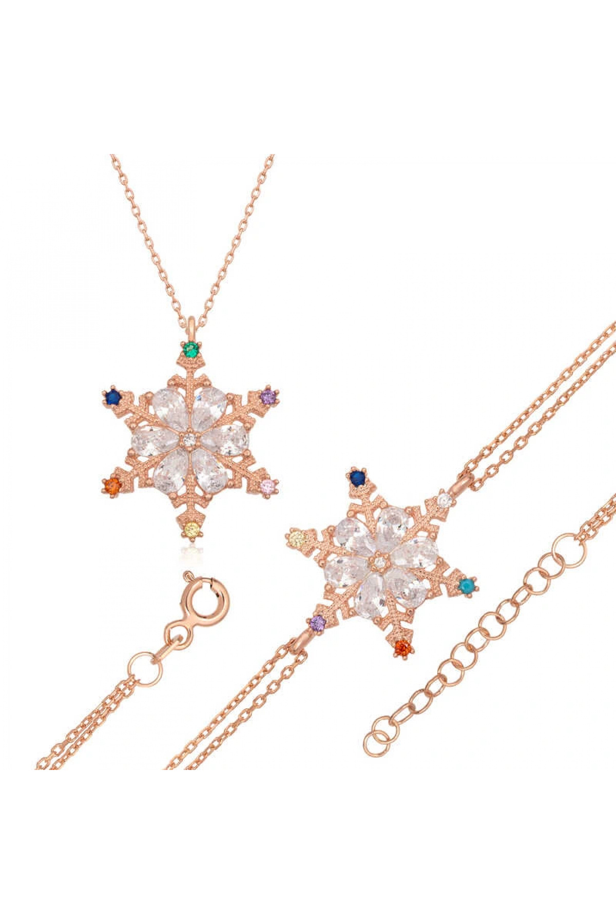 byhodi 925 Ayar Gümüş Renkli Taşlı Kar Tanesi Kadın Set T7102 (599599)