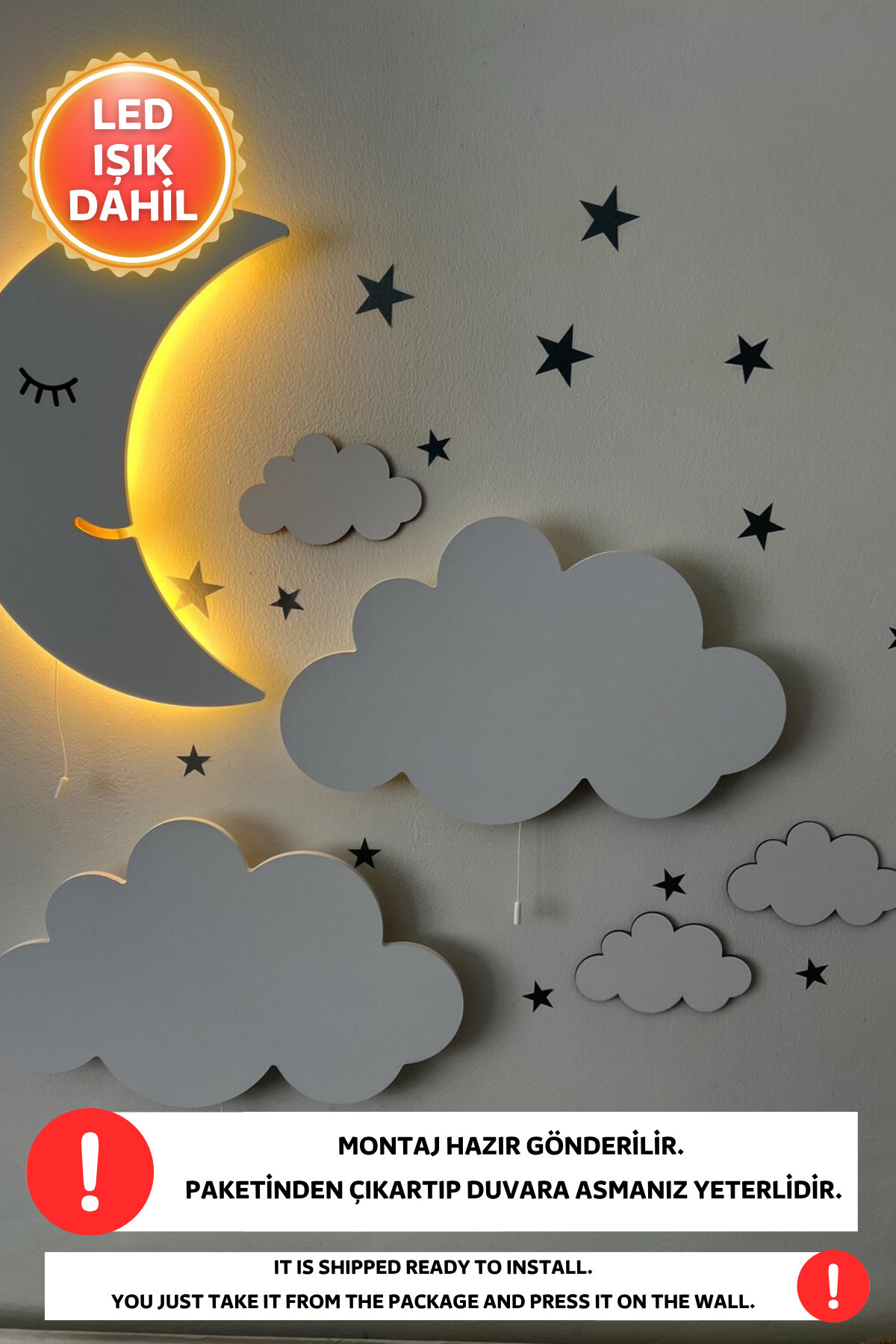 Dekorvin 2 Bulut Gece 1 Işıklı Ay Lambası Bebek Çocuk Odası Duvar Dekorasyonu Aydınlatma Ahşap Gece Lambası fotoğrafı 3 (önizleme)