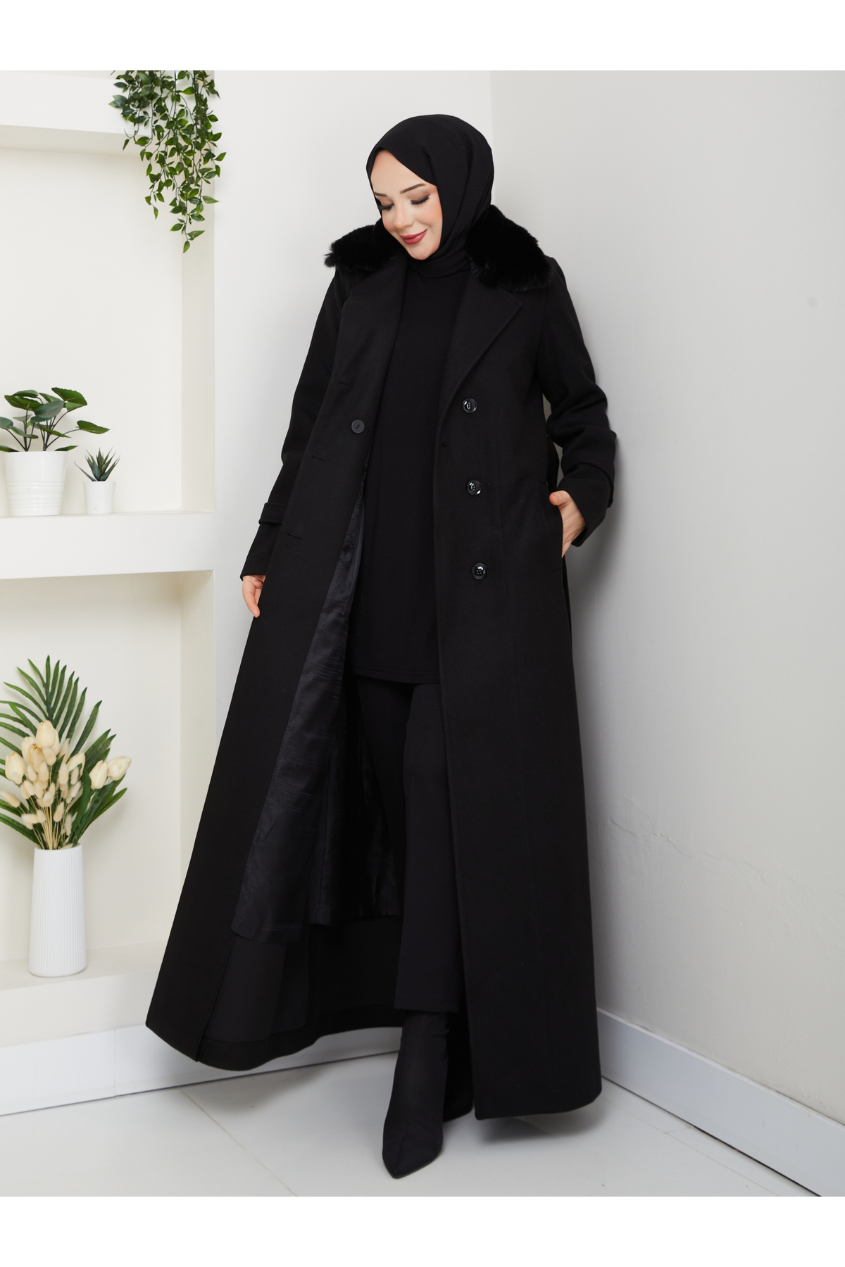 Moda İncir  KRUVAZE YAKALI KÜRKLÜ KAŞE MANTO - Görsel 8