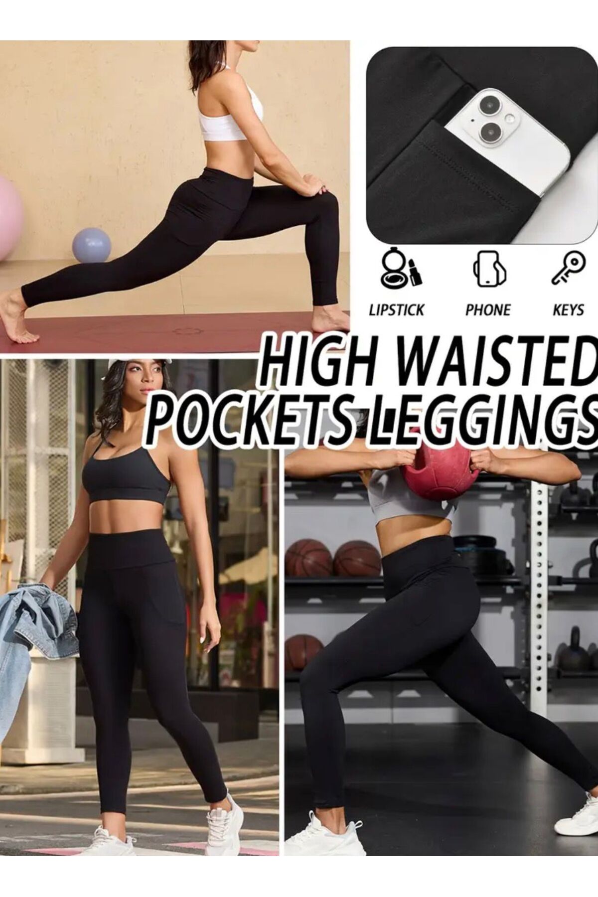 LACKH Yüksek Bel,Esnek,Düz Renk Taytlar CEPLİ Fitness, Günlük için Rahat Yumuşak Şık Tarz #TAYT görsel 4