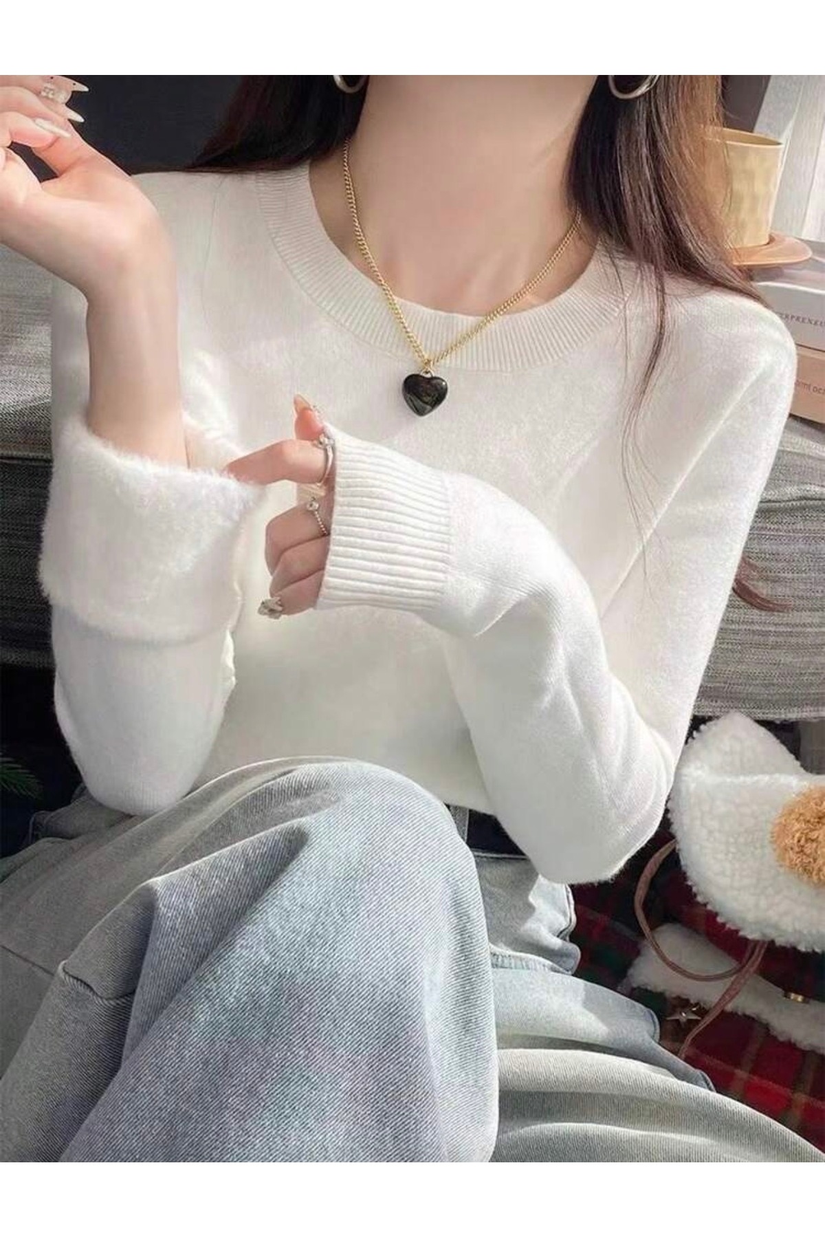 NEWCO  Kadın Fitted Crew Yaka Kaburgalı Uzun Kollu Yün Akrilik Kazak - Görsel 2