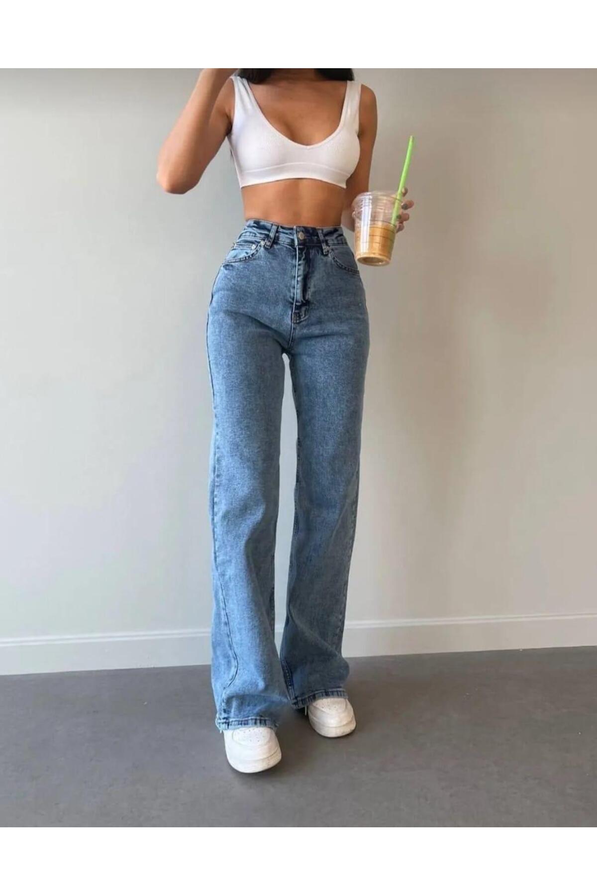 Mayback Women's Blue Medium Snow Super High Waist Loose Leg Denim Jeans Loose Pants with Lycra