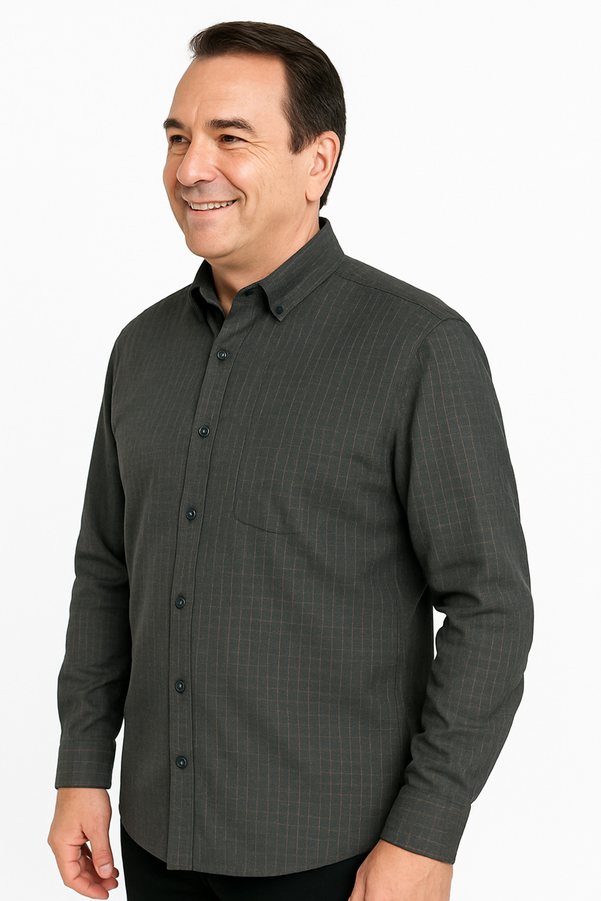 UNL  Desenli Kareli Pamuklu Sezonluk Orta Kalın Oxford Uzun Kol Tek Cepli Baba Gömleği - Görsel 2