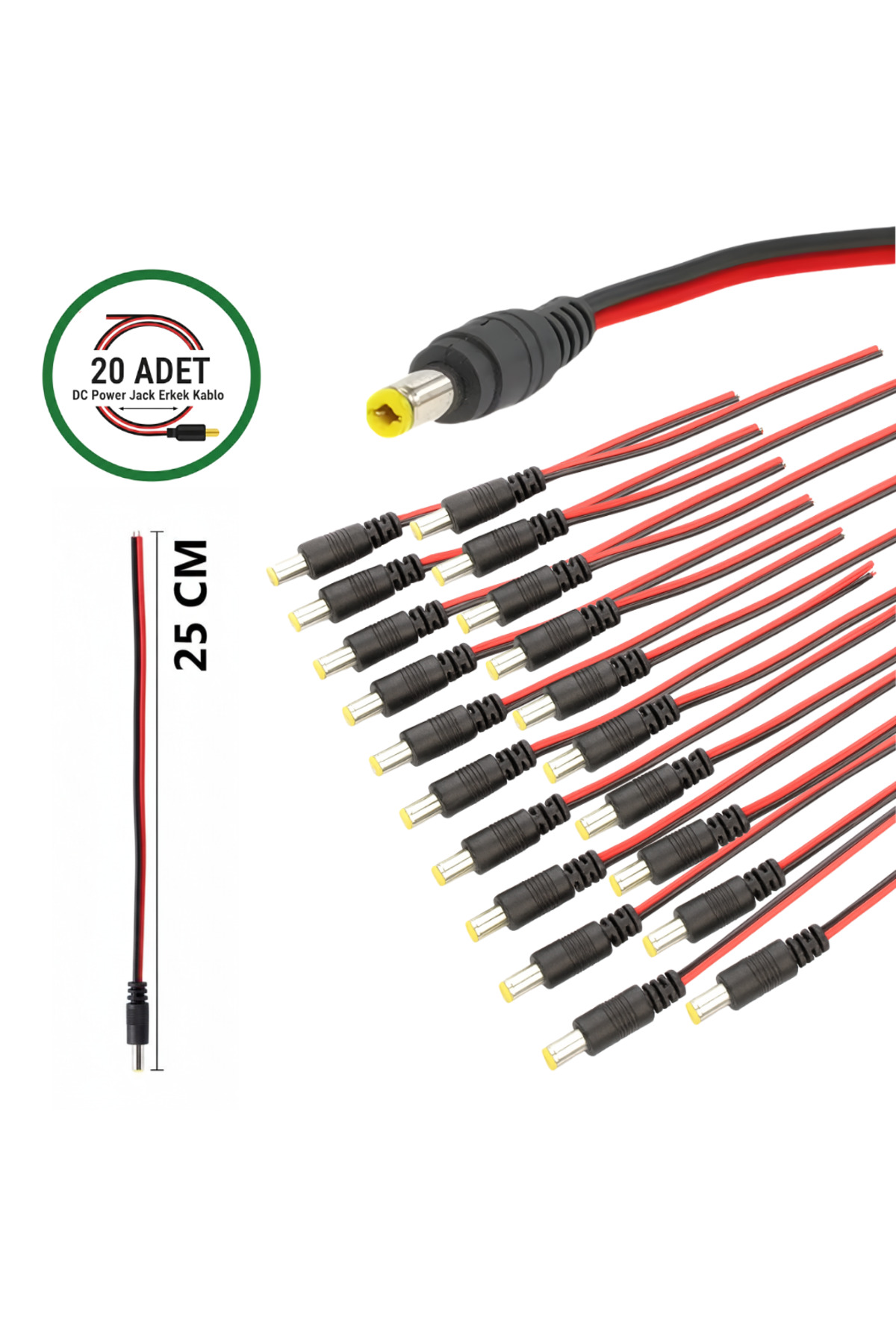 VOREX 20 Adet DC Power Jack Kablosu 25 CM Düz Erkek Çoklu Set