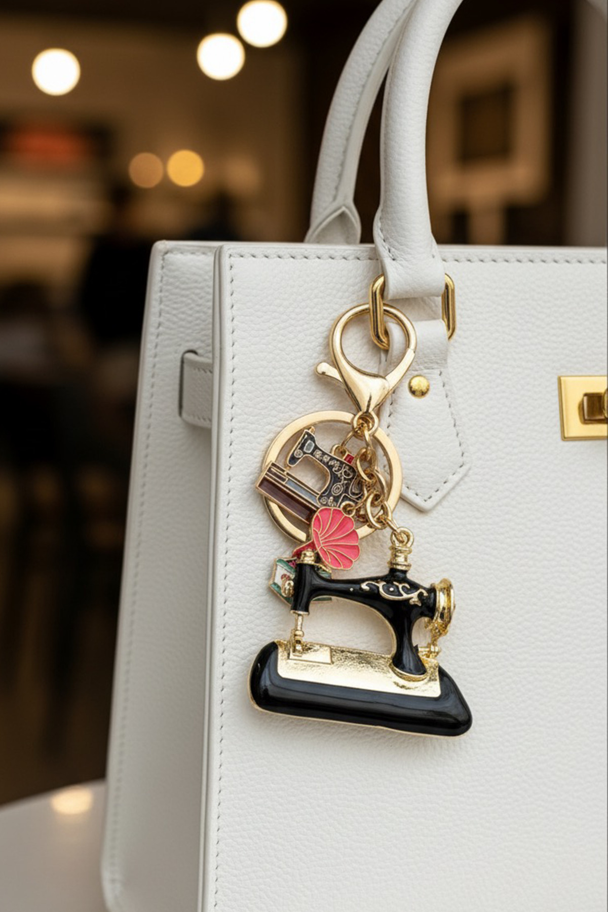 Modex Altın Sarısı Terzi Temalı Siyah Dikiş Makinası Çanta Aksesuarı Anahtarlık