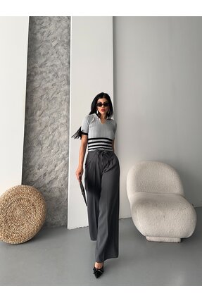 AKS Moda Giyim Bağcık Detaylı Palazzo Pantolon Antrasit