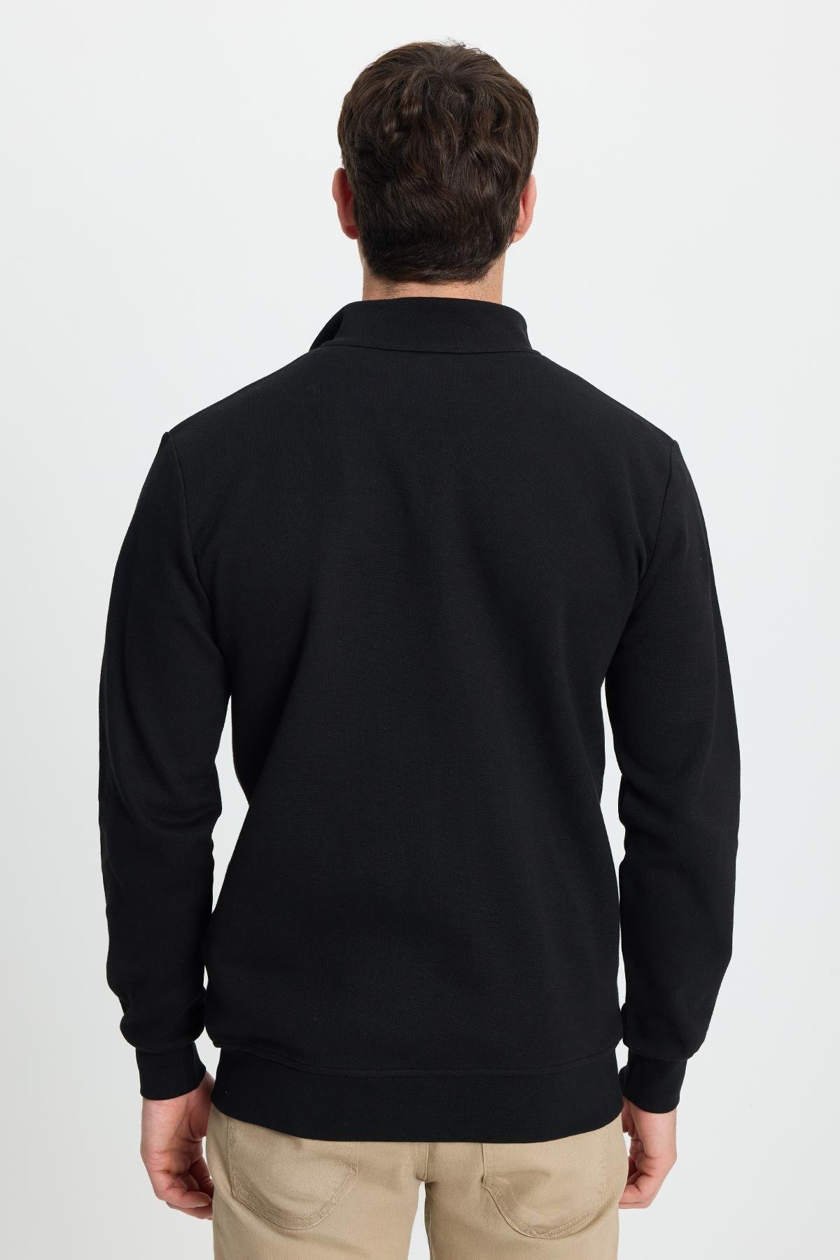 Tudors Erkek Slim Fit Dar Kesim Pamuklu Tam Fermuarlı Çift Cepli Dik Yaka Siyah Sweatshirt Hırka görsel 7