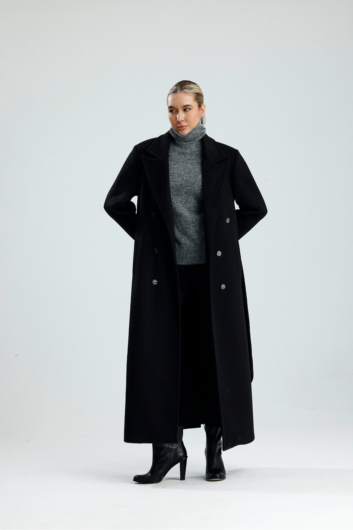 GACA COLLECTION LİMYRE Premium Uzun Kaşe Siyah Kaban görsel 5