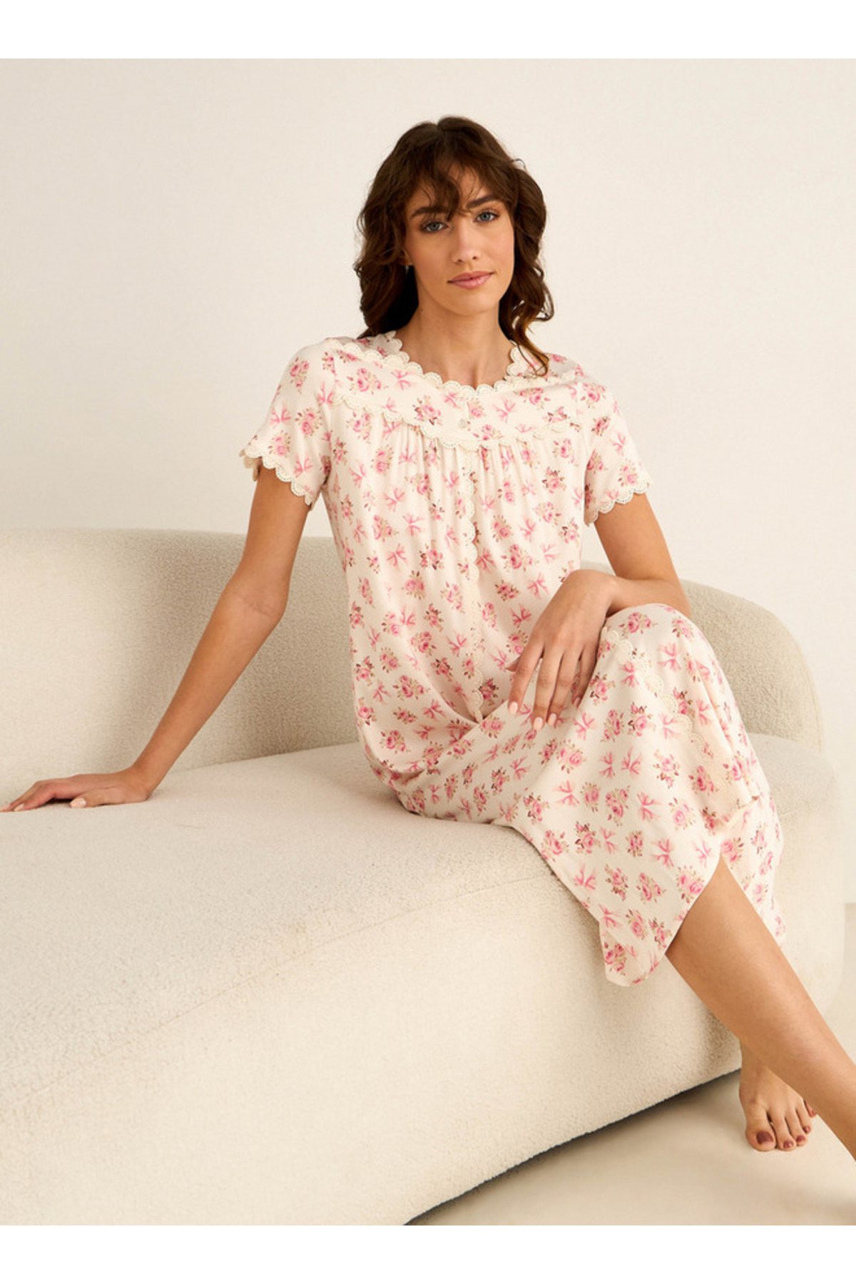 Splash FAV Night Dress Short Sleeves Floral Print Lace Detail