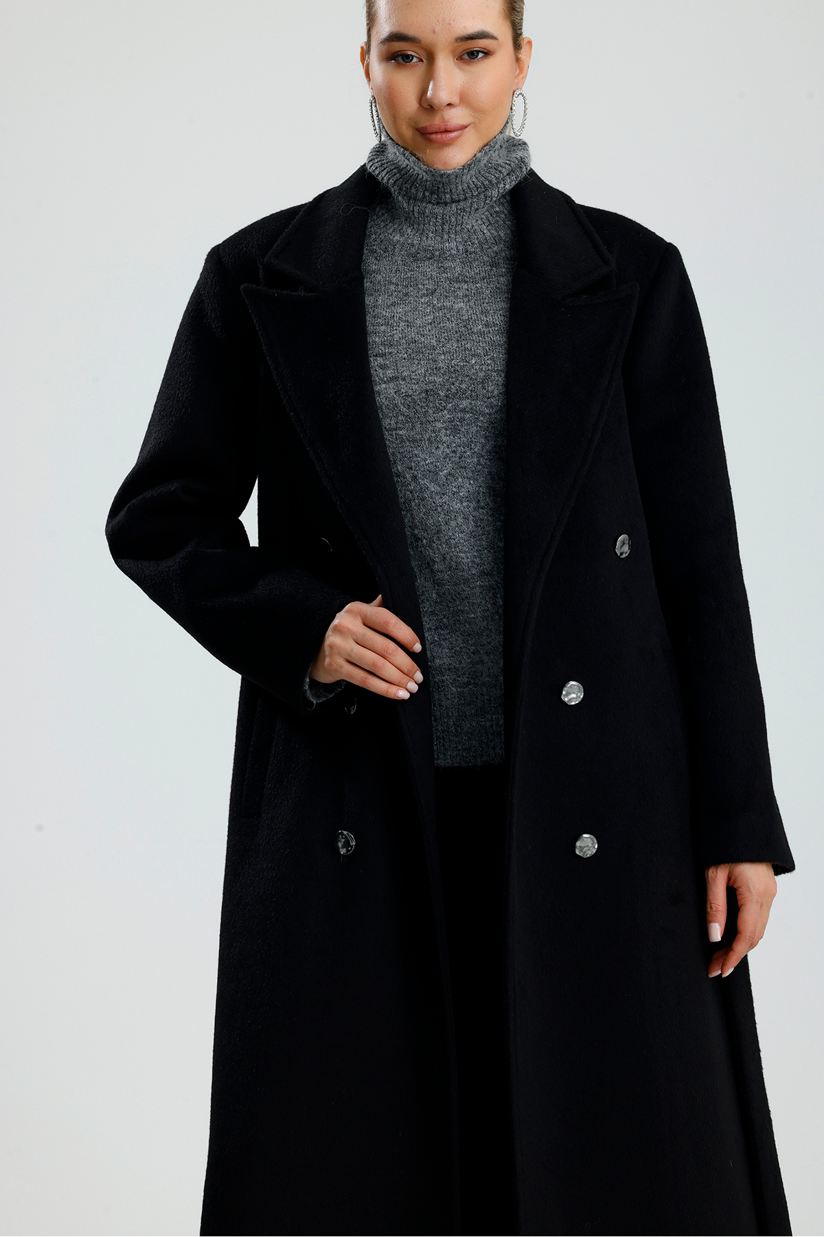 GACA COLLECTION LİMYRE Premium Uzun Kaşe Siyah Kaban görsel 2