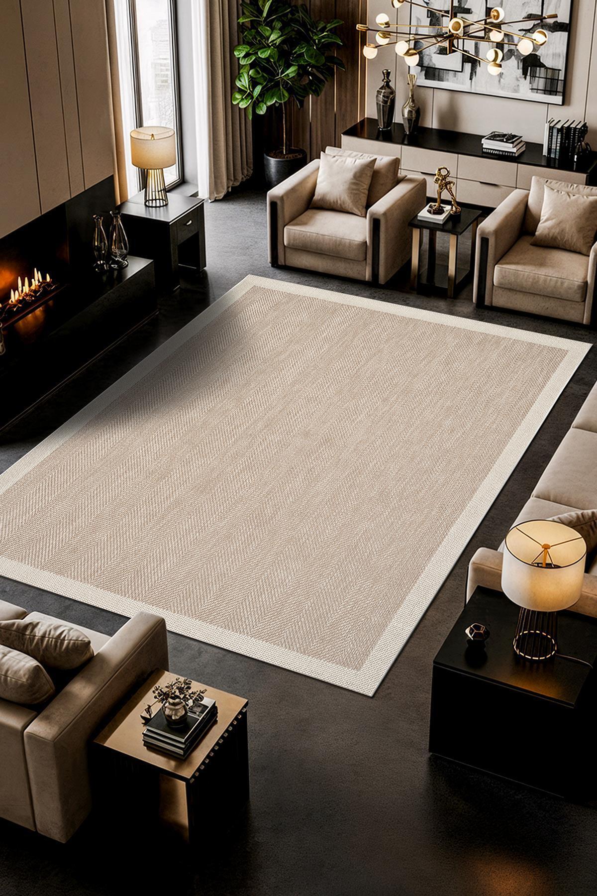 Zeen ZE001B Beige Easy to Clean Machine Washable Bordered Sisal Kitchen Rug Cotton Sole