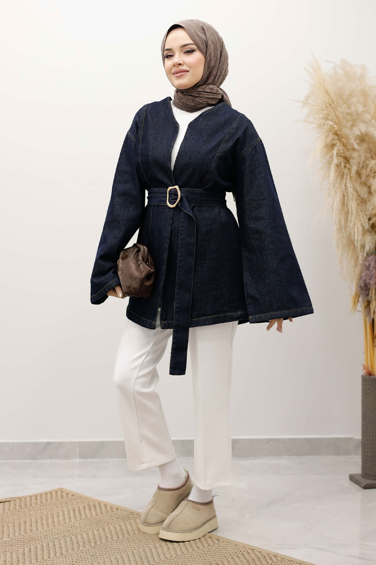 Tesettür Dünyası  Kemerli Kot Ceket TSD250251 Koyu Mavi - Görsel 3