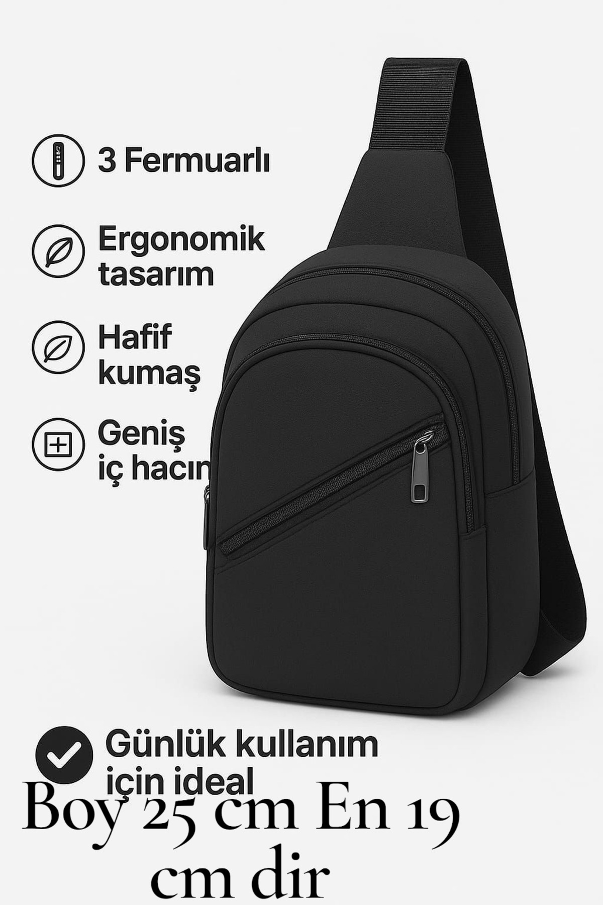 Sofia Unisex Siyah 3 Fermuarli Crossbag Bodybag Askılı Çanta görsel 3