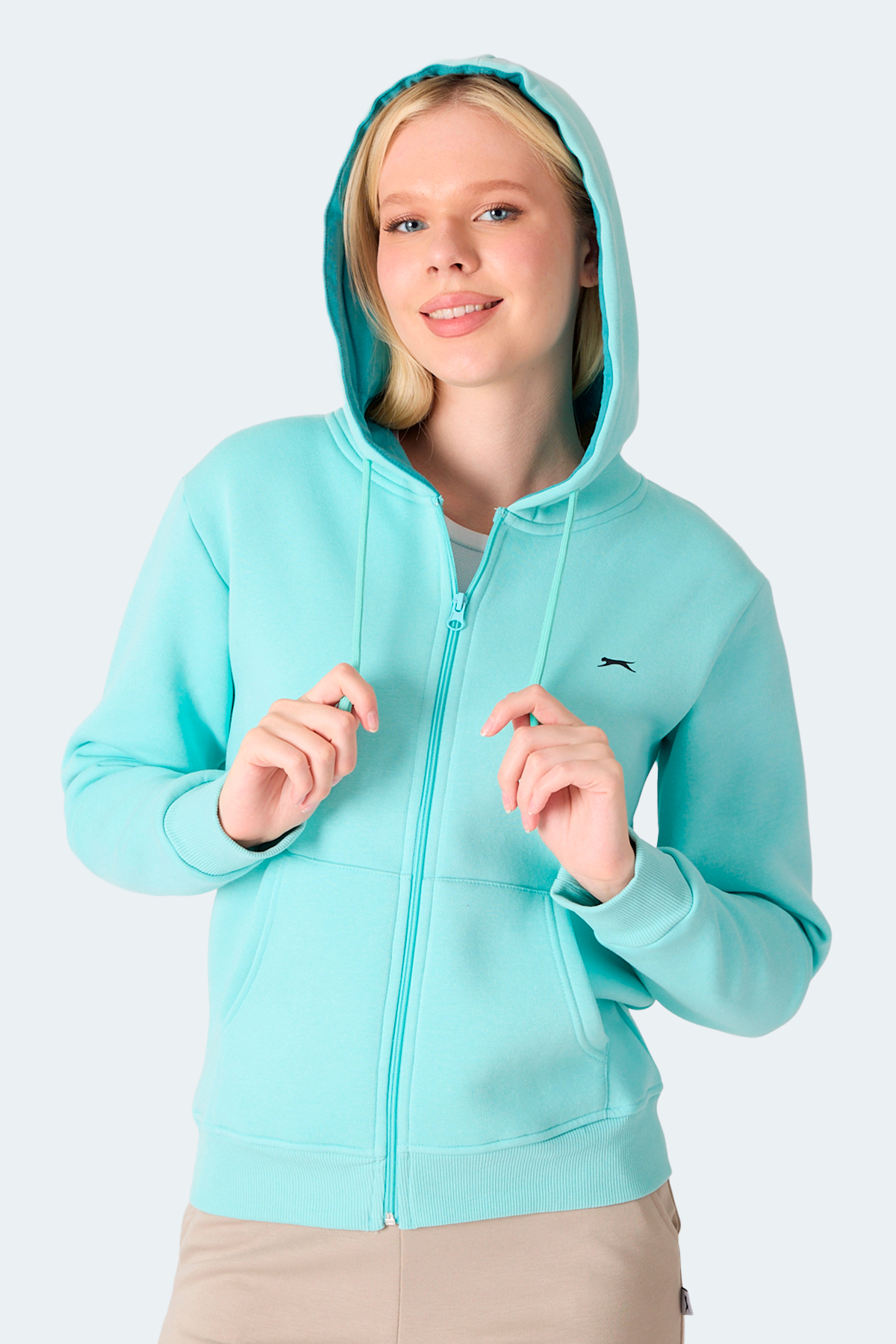 Slazenger MILIO I Kadın Fermuarlı Kapüşonlu Cepli Turkuaz Sweatshırt görsel 3