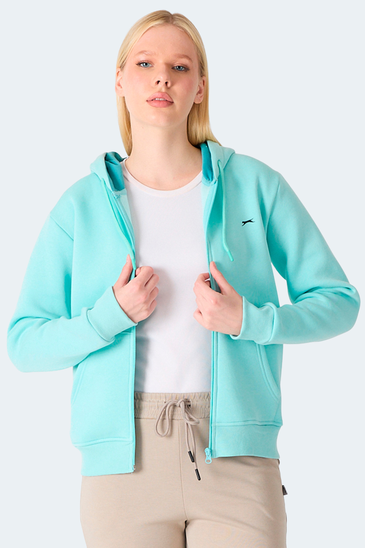 Slazenger MILIO I Kadın Fermuarlı Kapüşonlu Cepli Turkuaz Sweatshırt