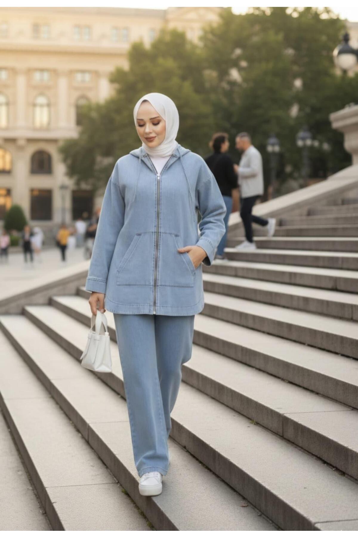 Hb Harma Time Butik  Kadın Kapüşonlu Cepli Kot Mavi Tunik Pantolon Takım - Görsel 4